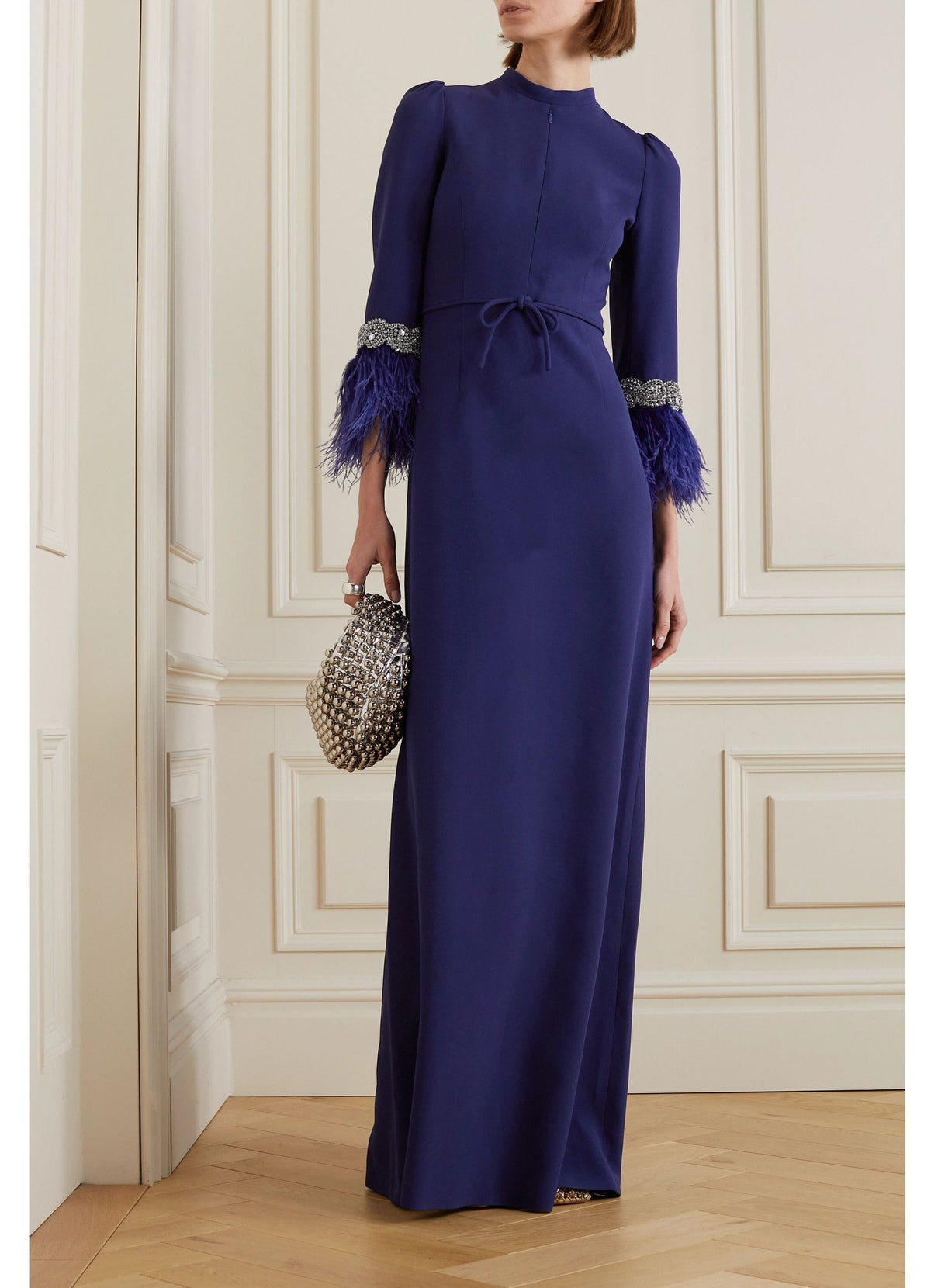 Feather-cuff gown with crystal trim – Zyasia