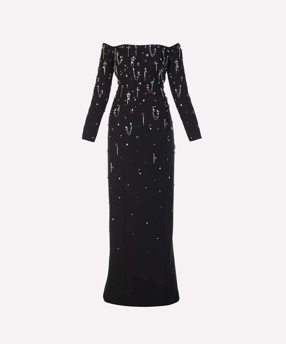 off-shoulder column dress with embellished beads - Haleen