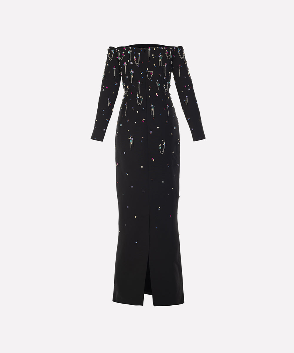 off-shoulder column dress with embellished beads - Haleen