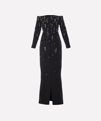 off-shoulder column dress with embellished beads - Haleen