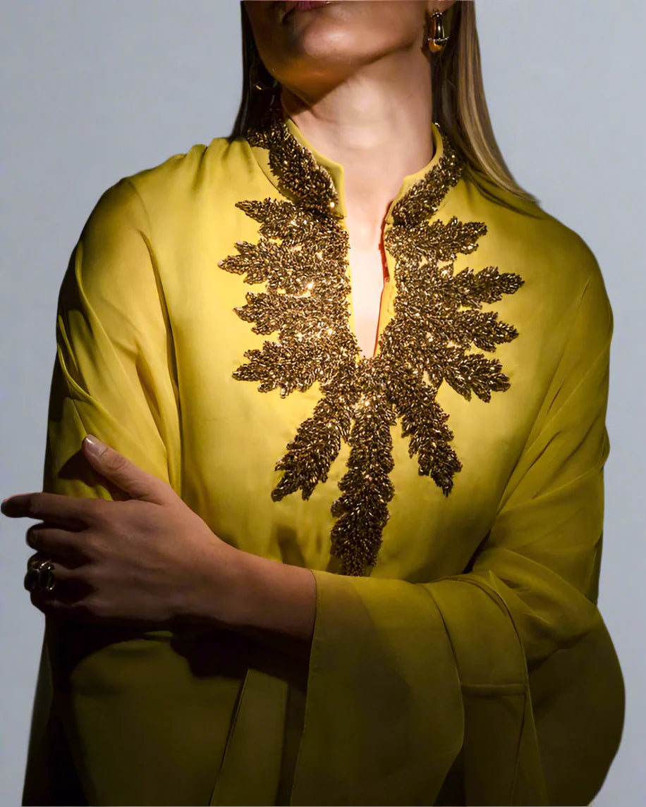 Olive Gold Dress with Embroidered Slit - Salma