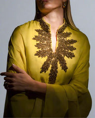 Olive Gold Dress with Embroidered Slit - Salma