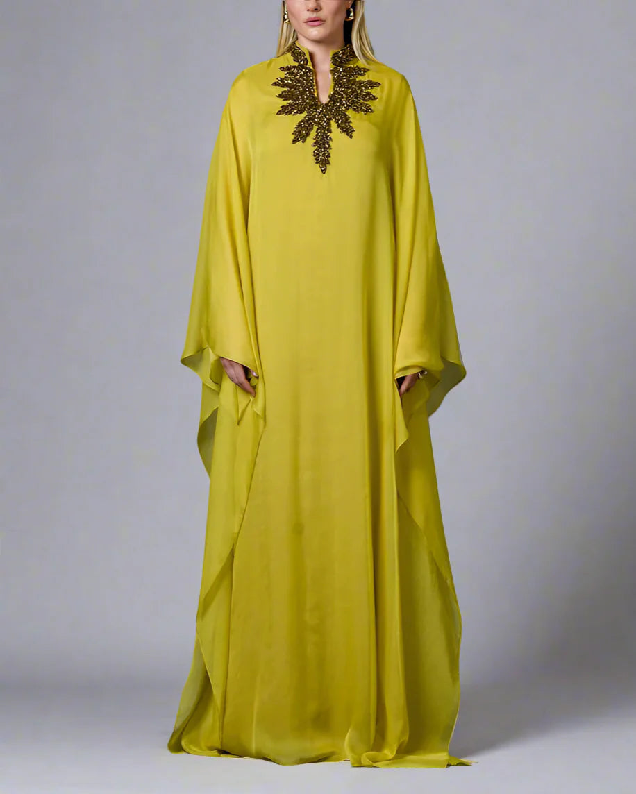 Olive Gold Dress with Embroidered Slit - Salma